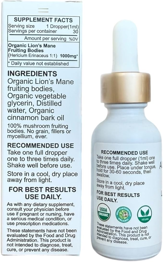Organic Triple Extracted Lion's Mane Mushroom Fruiting Body Tincture | USA Grown and Certified Organic | Use for Focus, Memory and Mental Clarity | 1 Month Supply | Cinnamon Flavor