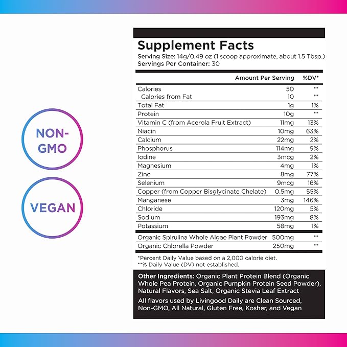 Livingood Daily Plant Collagen Powder (Vanilla) - Collagen Protein Powder with Vitamin C, Spirulina & Amino Acids for Healthy Hair, Skin & Nails - Energy & Muscle Growth Formula - Vegan, 30 Servings