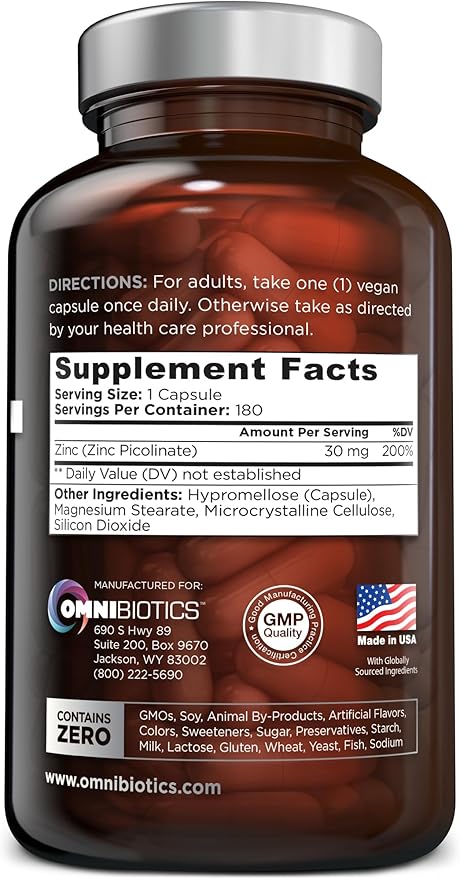 Zinc Picolinate 30mg Supplement for Men & Women - Natural Vitamin with Superior Absorption for Immune System Support, Healthy Skin, Energy Metabolism, and Overall Wellness - 180 Vegan Capsules