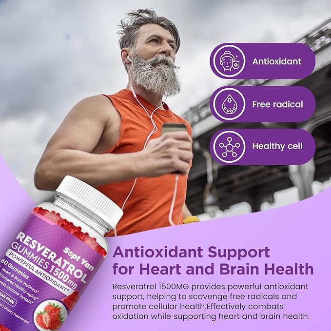 Resveratrol Gummies 1500mg - Resveratrol Supplement with NAC, Vitamin C, E, Quercetin, Berberine, CoQ10, Antioxidant, Healthy Aging & Longevity, Skin, Joint, Brain Wellness - 60 Gummies