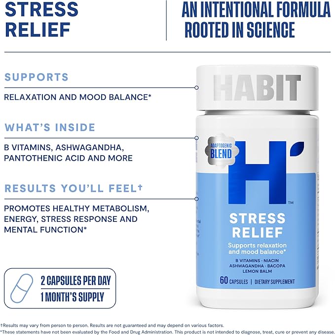 Habit Stress Relief Supplement 2 Pack (120 Capsules) - New Look, Supports Relaxation & Mood Balance, Vitamin B, Adaptogens, Lemon Balm, Calming, Vegan, Non-GMO