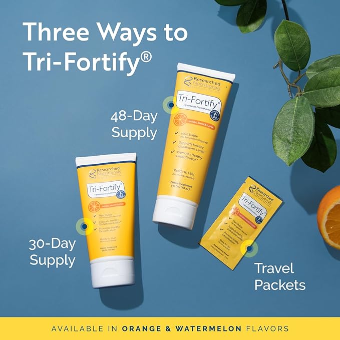Researched Nutritionals Liposomal Glutathione (450mg) Liquid Gel + Vitamin C - Tri-Fortify - Aid Natural Energy, Immune Support & Detox - Clinically Researched for Absorption, Orange (20 Packets)