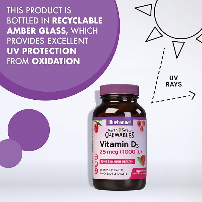 Bluebonnet Nutrition EarthSweet Vitamin D3 1000IU - Bone & Immune Support Supplement - Raspberry Chewable Vitamin D Supplement for Women & Men - Soy-Free, Gluten-Free, Non-GMO - 90 Tablets