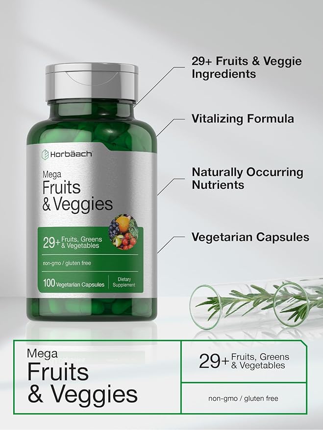 Horbäach Mega Fruits and Veggies Supplement | 100 Capsules | Vegetarian, Non-GMO and Gluten Free