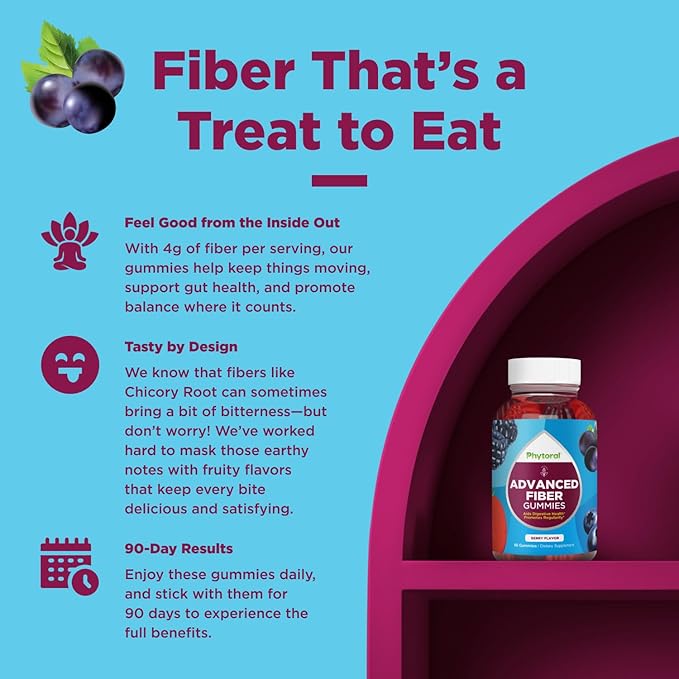Advanced Fiber Gummies for Adults - Chicory Root Supplement with Prebiotic Support & Coconut Oil for Gut & Digestive Health - Soluble Digestion Capsules for Stomach Regulation & Immune Aid - 60 Ct