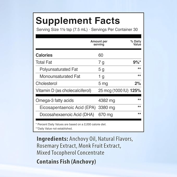 5X Ultimate Strength Liquid Fish Oil Supplements, Wild Caught Omega 3 Fish Oil Liquid 4380mg, High EPA DHA Omega 3 Supplement with Vitamin D, 3380mg EPA, 670mg DHA, 7.60floz (225ml), Lemon Flavor