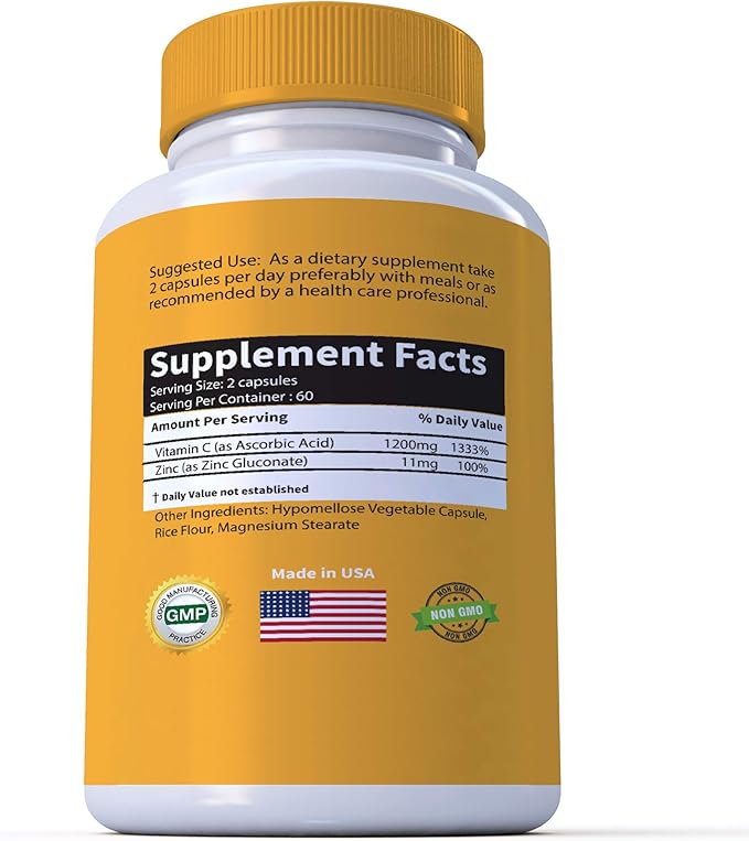 High Dose Extra Strength 1200mg Vitamin C + Zinc Complex for Immune Support Health 120 Capsule 2 Month Supply Veggie Capsule Non-GMO Gluten Free Vegan
