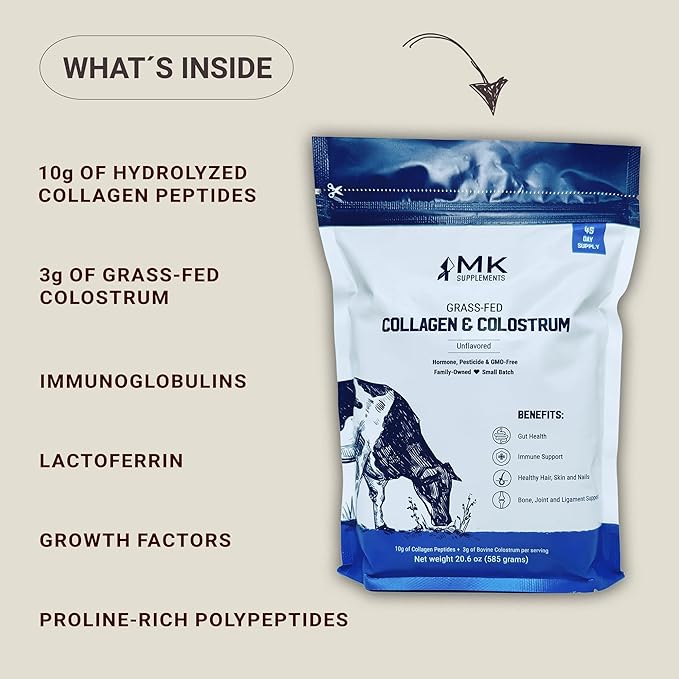 MK Supplements Grass-Fed Collagen & Colostrum Supplement, 45 Servings, Non-GMO, Gluten Free, Supports Gut Health, Immunity, Hair, Skin, Nails, Joints