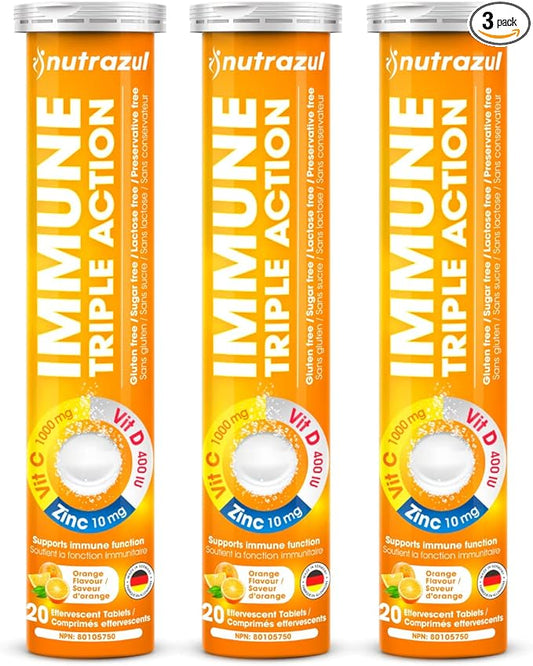 nutrazul Immune Triple Action Effervescent Tablet-1000 mg Vitamin C, Vitamin D, Zinc I Orange 20's (Pack of 3) I Gluten Free, Sugar Free, Lactose Free & Preservative Free I Maintains Immune Function