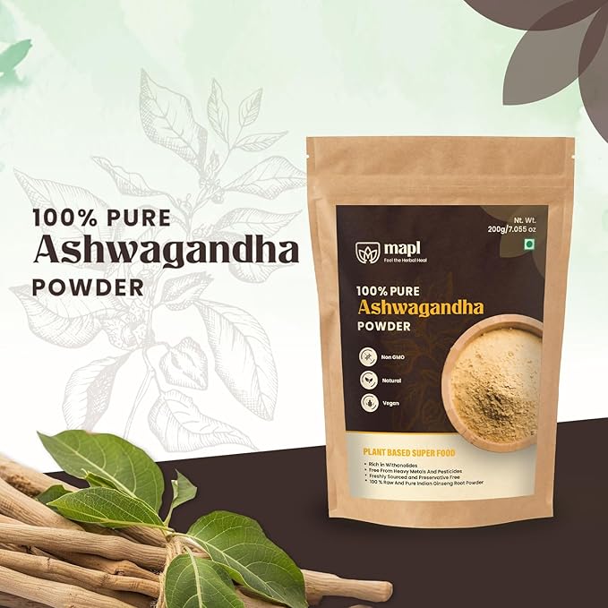 MAPL Organic Ashwagandha Powder (Indian Ginseng) 7.05 Ounces - Premium Quality, Pure and Natural Ingredients to Support Health