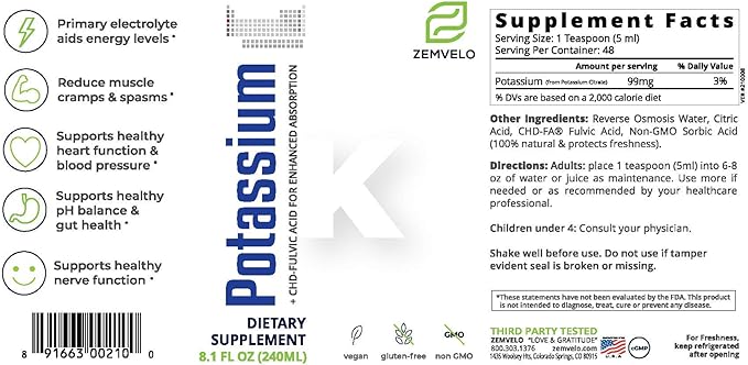 Liquid Ionic Potassium Citrate Supplement | Potassium Electrolyte | Support Healthy Heart | Healthy Gut pH Balance | Support Muscle Health | 8oz, 48 Day Supply