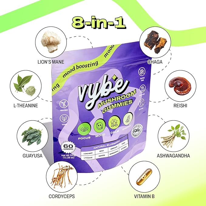 Vybe Mushroom Gummies for Focus and Energy - All-In-One Daily Mushroom Supplement - 8-in-1 Adaptogen Supplement Blend with Lion’s Mane, Cordyceps, Reishi, Chaga, Ashwagandha (Blueberry, 60-Count)