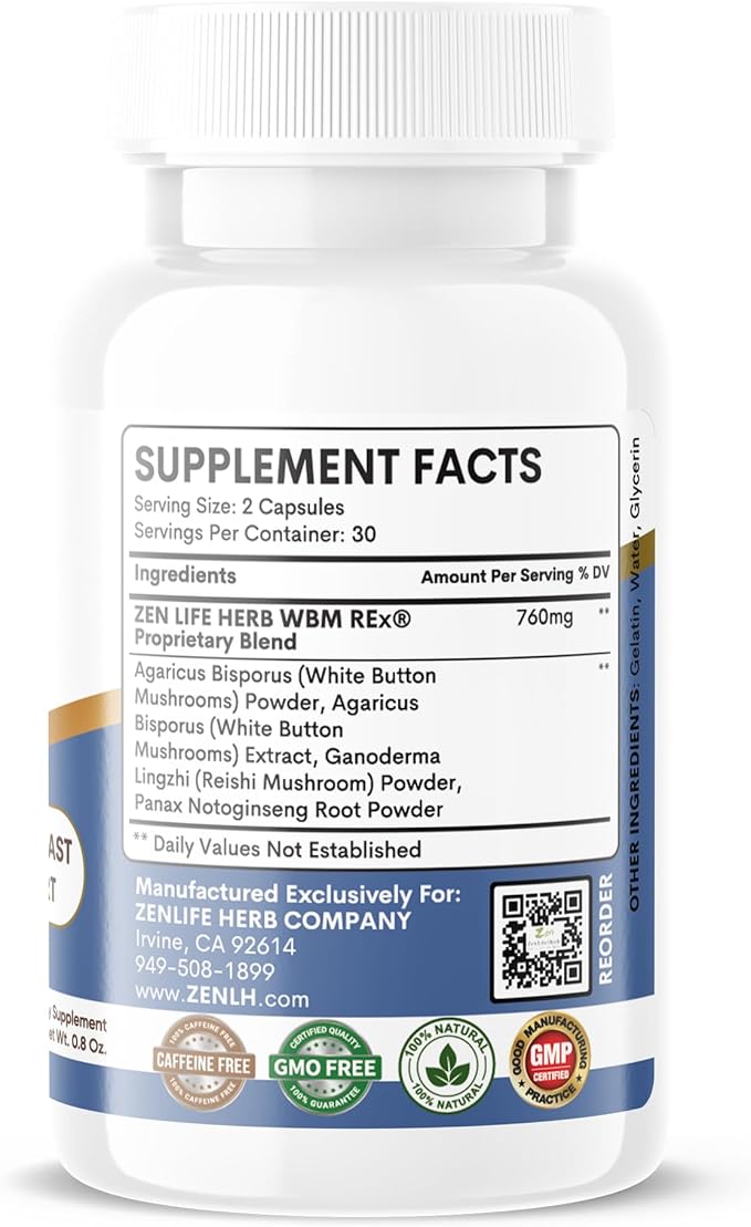 WBM REx White Button Mushrooms Ginseng Plus Clinically Proven Advanced Immune Support for Prostate and Breast Health Supplement (120 Capsules)