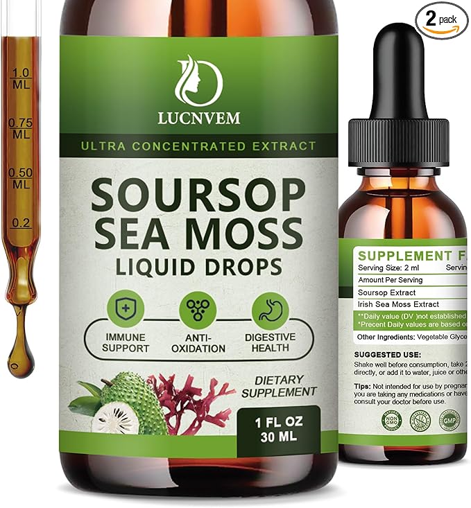 (2 Pack) Organic Soursop Graviola with Sea Moss Liquid Drops, Soursop Bitters Liquid Rich in Multivitamin for Natural Antioxidant, Immune Boost, Cell Support & Regeneration, Pineapple Flavor