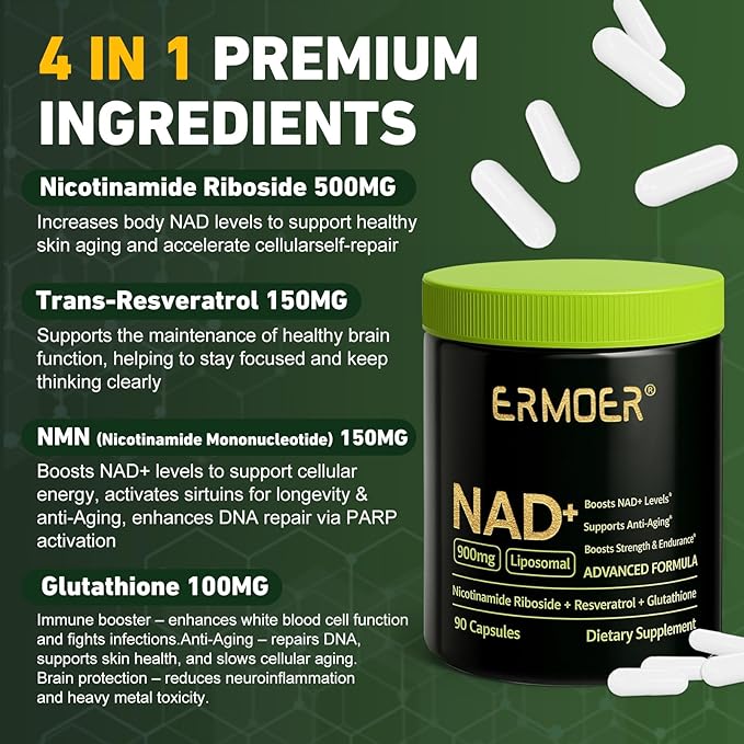 NAD+ Supplement, NAD Nicotinamide Riboside Resveratrol 900mg, Liposomal NAD for Women & Men, NMN Supplement Alternative for Anti-Aging, Energy Booster - 2 Bottle