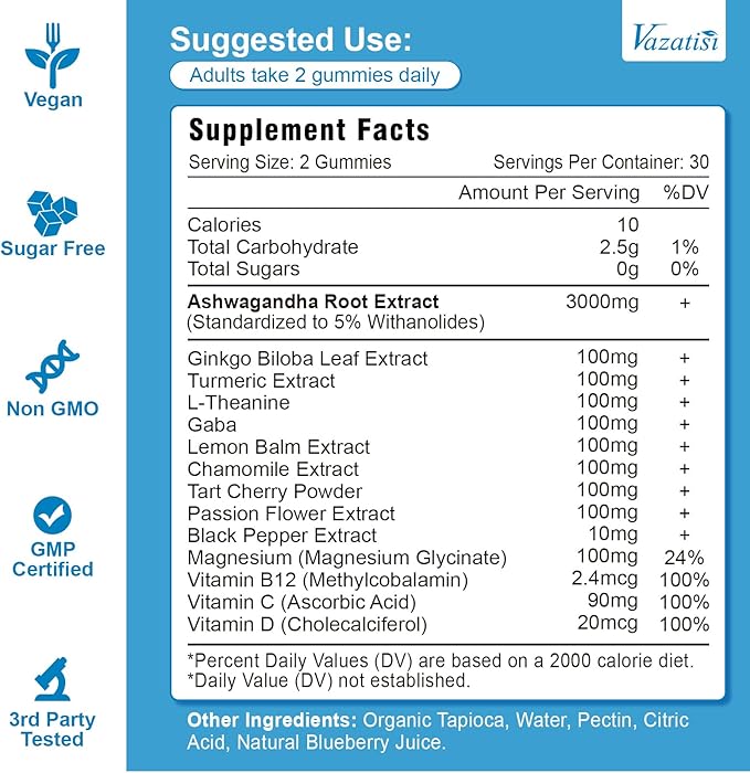 Ashwagandha Gummies for Women & Men, Ashwagandha Supplements for Calm Mood & Increased Energy, Non-GMO, Gluten-Free, Vegan 60ct