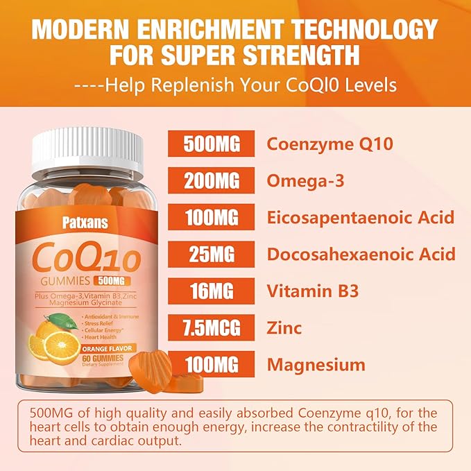 2 Packs 500MG CoQ10 Supplement Gummies, Omega-3, Magnesium, Vitamin B3, Zinc, Ultra High Absorption Provides Healthy Support for Heart, Cell Energy& Antioxidants, Vegan, Non-GMO, 120Cts