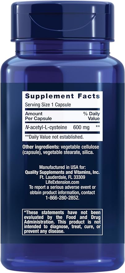 Life Extension N-Acetyl-L-Cysteine (NAC), Immune Response, Respiratory Health, Liver Health, NAC 600 mg, antioxidant Defense, Free radicals, Easy to Absorb, 60 Capsules