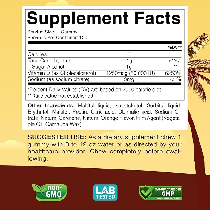 Sugar-Free Vitamin D3 50,000 IU Weekly Gummies – 120 Count Bone, Teeth, and Immune Support – Non-GMO, Easy-to-Chew Supplement