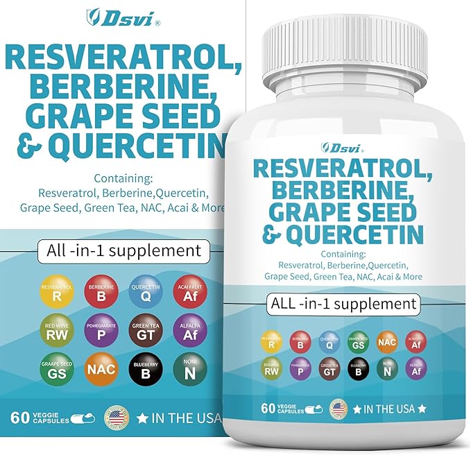 60 Capsules Resveratrol 6000mg Berberine 3000mg Grape Seed Extract 3000mg Quercetin 4000mg Green Tea Extract Polyphenol Supplement with N-Acetyl Cysteine Acai Extract for Women and Men,USA