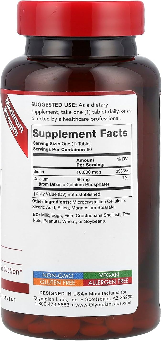 Olympian Labs Max Strength Biotin Vitamin B7 Supplement, 10,000mcg Tablets, Improve Hair, Skin & Nail Growth, 60 Vegan Tablets