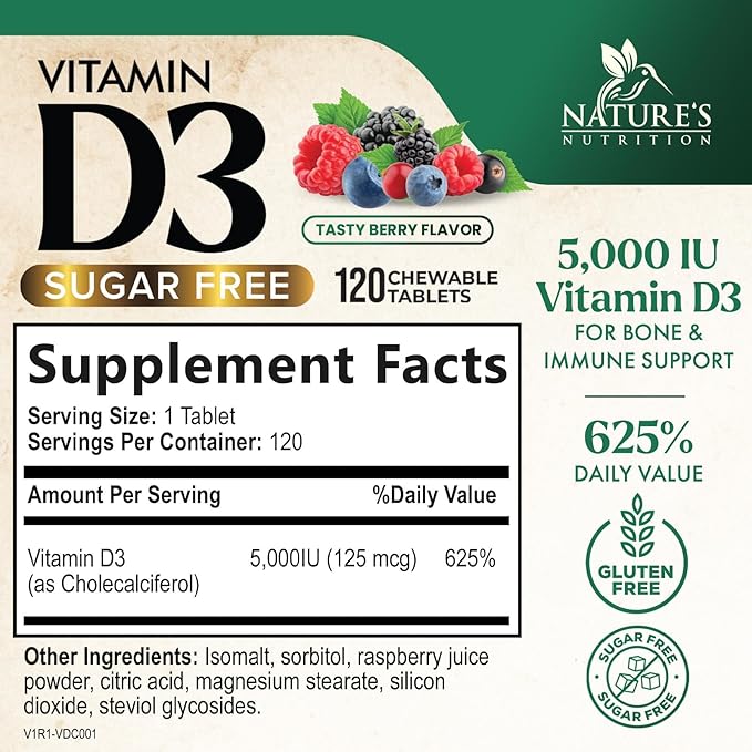 Vitamin D3 5000 IU (125 mcg) - Chewable Vitamin D Supplements for Bone, Teeth, Muscle & Immune Support, Sugar Free, Non-GMO, Gluten Free, Nature's Extra Strength D3 Vitamin - 120 Chewable Tablets
