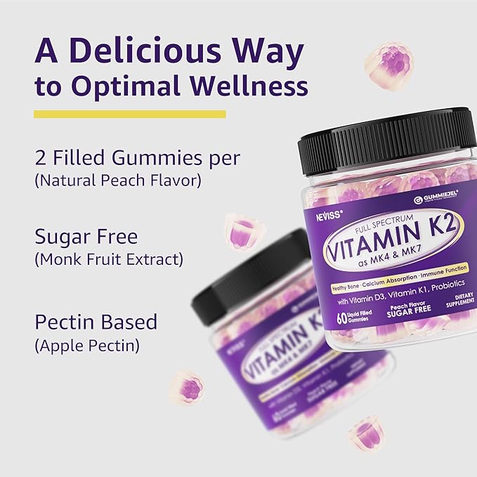 NEVISS Sugar-Free Full Spectrum Vitamin K2 Gummies (MK-4 500mcg & MK-7 100mcg) + K1, D3 for Women & Men - 60 Gummies
