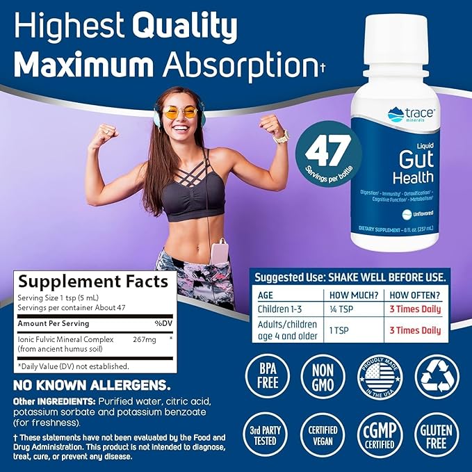 Trace Minerals Gut Health - Support for Gut Lining, Healthy Digestion, Immune System Function - Digestive Health Supplement with Humic & Fulvic Acid - Unflavored, 8 fl oz (About 47 Servings)
