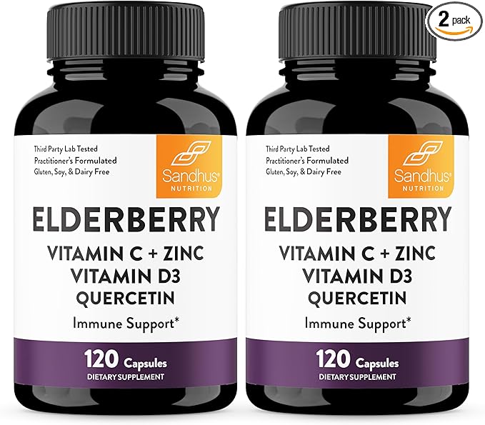 Elderberry Vitamin C and Zinc 120 Capsules (Pack of 2) | with Quercetin and Vitamin D3 | Immune Support for Adults | Herbal Supplement for Men and Women
