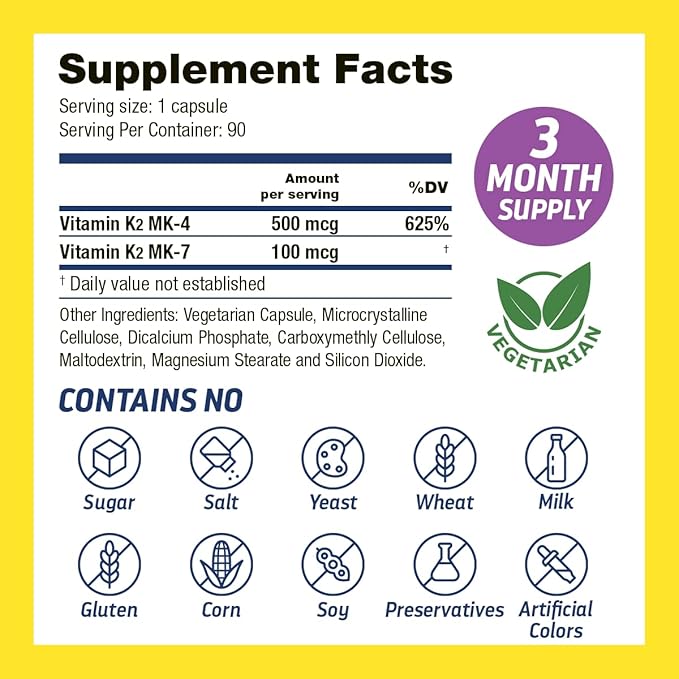 Vitamin K2 MK7 with Vitamin K2 MK4, 3-Month Supply High-Potency K2 Vitamin Supplement MK-7 for Bone Health & Cardiovascular Health, 90 Vegan Capsules, Made in The USA