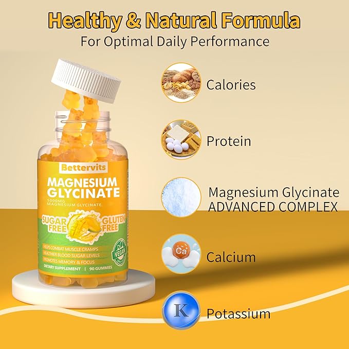 90 CT Magnesium Glycinate Gummies 1000mg - Sugar Free Magnesium Potassium Supplement with Vitamin D, B6, CoQ10 for Calm Mood & Sleep Support - 90 Mango Pineapple Gummies