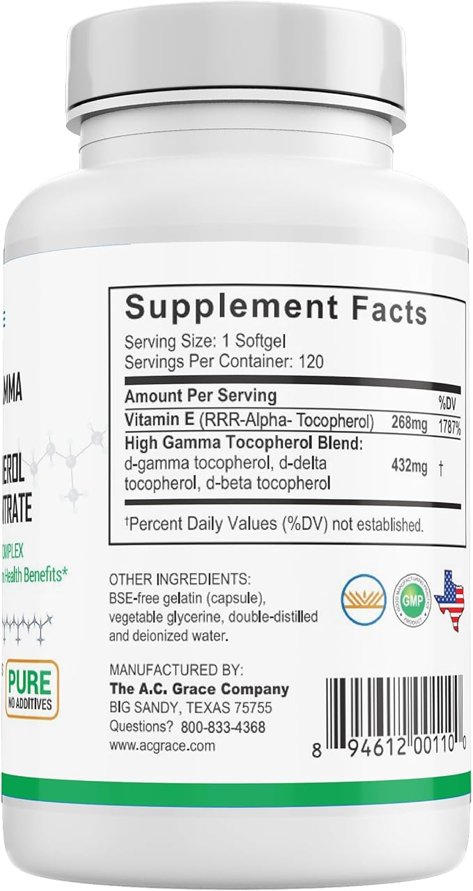 UNIQUE E A.C. Grace Company Mixed Tocopherols Concentrate Softgel 120 Count and Tocotrienols Tocopherol-Free Softgels 60 Count