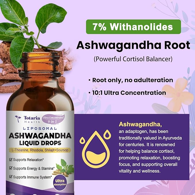 Liposomal Ashwagandha Liquid Drops, Ultra Strength Ashwa Root Extract Supplement with Shilajit, Ginseng, Magnesium, Soursop, L-Theanine, 60ml