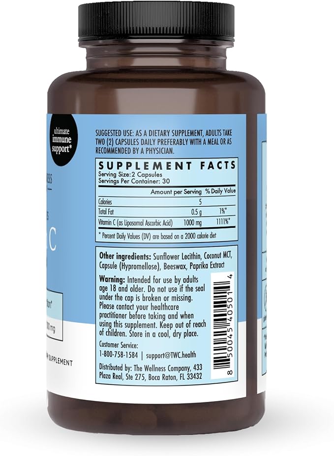 The Wellness Company Liposomal Vitamin C | 60 Capsules (1 Month Supply) | Enhanced Absorption Formula | Non-GMO, Gluten-Free | Supports Immune Health and Antioxidant Protection