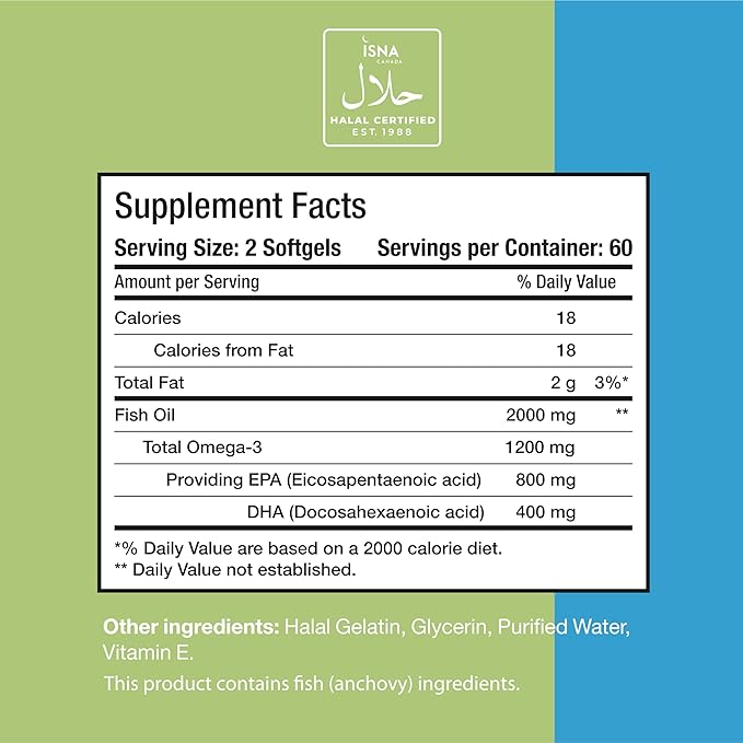 Noor Vitamins Halal Fish Oil, Halal Vitamins, Ultra Omega 3 Wild Peruvian Fish (800 mg EPA & 400 mg DHA) Heart, Brain & Joint Support, Non-GMO and Gluten Free (120 Count)
