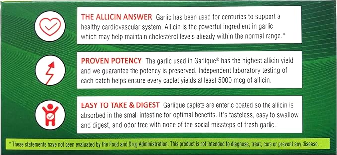 Garlique Healthy Cholesterol Formula with 5000 mcg of Allicin, 60 Enteric Coated Caplets (Pack of 2)