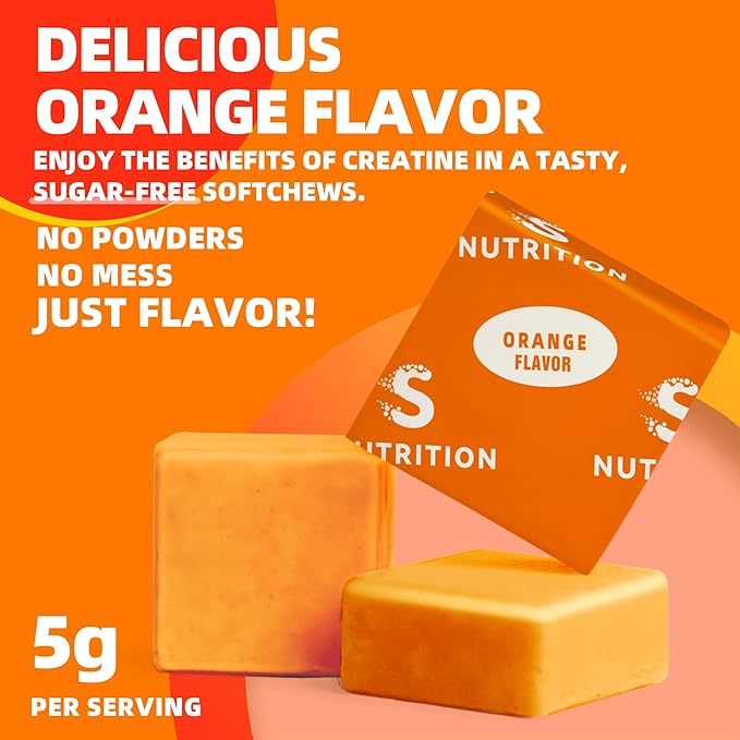 Creatine Monohydrate Soft Chews 5g for Men & Women, Preworkout Gummy with Electrolyte for Muscle Growth, Strength & Energy Support, Orange 60 pcs
