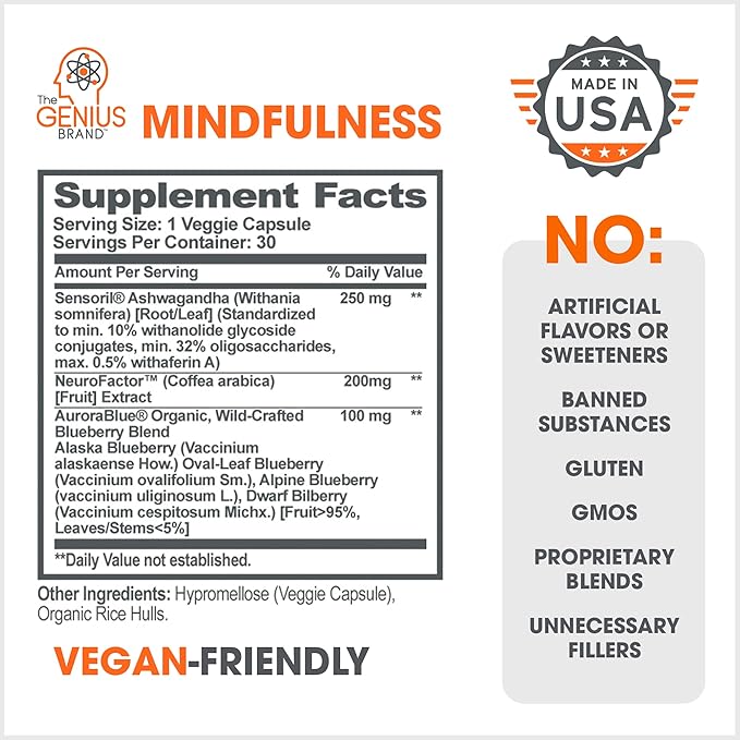 The Genius Brand - Genius Mindfulness Natural Calming Supplement with Ashwagandha, NeuroFactor, & Blueberry Extract, Nootropic Cognitive Brain Booster Enhances Memory, Focus & Energy - 30 Capsules