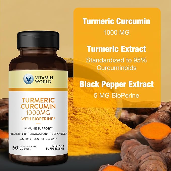 Vitamin World Turmeric Curcumin 1000mg, BioPerine Black Pepper Extract for Better Absorption, 95% Curcuminoids, Turmeric Supplement for Antioxidant & Joint Support, Gluten-Free, 60 Capsules