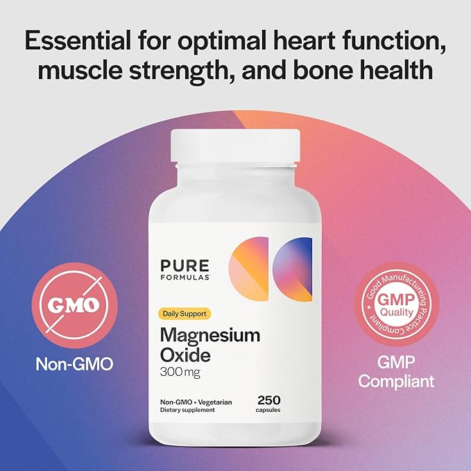 PureFormulas Magnesium Oxide 300 mg Supports Healthy Heart Function, Immune Support, Muscle Recovery, Leg Cramps, Relaxation, Non-GMO, 250 Vegetarian Capsules