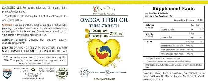 Omega 3 Triple Strength EPA DHA Supplement - 2500mg Lemon Flavored Burpless Fish Oil - High Potency 900mg EPA 600mg DHA Supports Circulation, Brain, Heart, Eye, Skin, Bone & Joints - 120 Softgels
