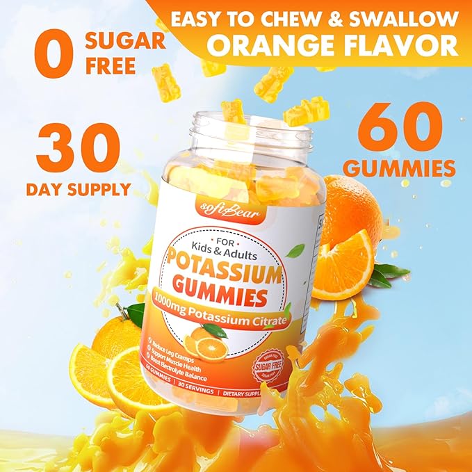 softbear Potassium Citrate 1000mg, Sugar Free Potassium Gummies for Adults Support Leg Cramps & Muscle Health High Potency Potassium Supplement Gummies Orange Flavor 120 Count