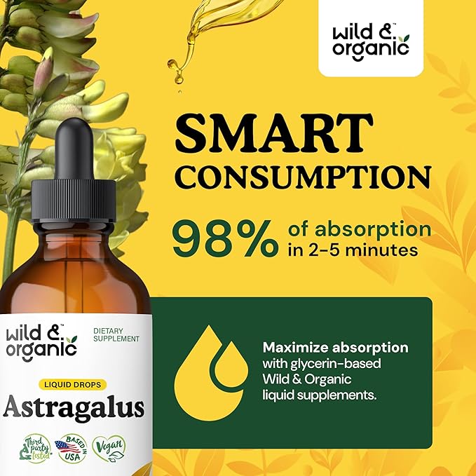 Wild & Organic Astragalus Tincture - Immune Support Supplement w/Astragalus Root Extract - Vegan Tincture for Immunity - Sugar & Alcohol-Free Drops - 4 fl oz
