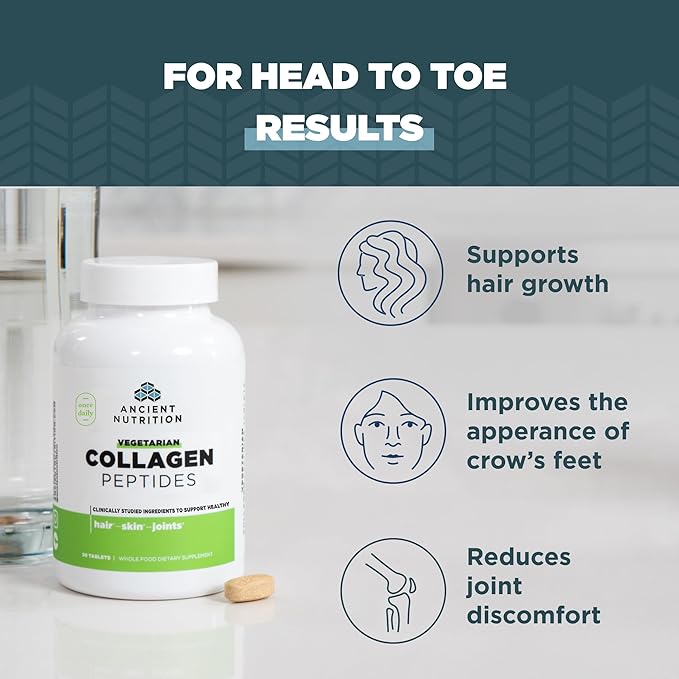 Ancient Nutrition Vegetarian Collagen Peptides, Collagen Peptides Tablets, Collagen with Prebiotics and Probiotics, Supports Healthy Skin, Hair, Joints, Digestion, Vegetarian Capsules, 30 Count