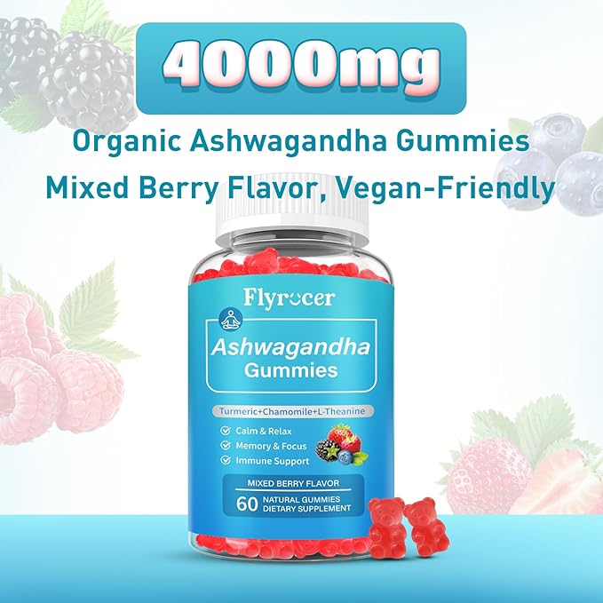 2 Pack Ashwagandha Gummies, Organic Ashwa Root Extract Supplement for Women & Men, Vegan, Gluten-Free, Mixed Berry Flavor, 120 Count
