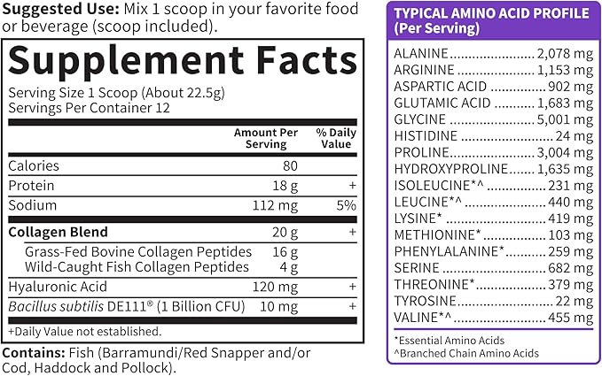 Garden of Life Marine & Grass-Fed Collagen Peptides Powder Supplement (Type I, III) with Probiotics, BCAAs & Hyaluronic Acid for Radiant Hair, Skin & Nails – Unflavored, 20g per Serving, 12 Servings
