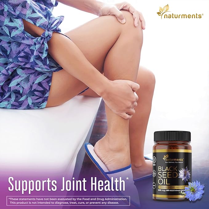 Naturments Premium Black Seed Oil Vegetarian Capsules 100% Organic Unrefined Non GMO Cold Pressed Extra Virgin Nigella Sativa Pure Halal Kalonji Oil - 60 Capsules (500 mg Each)