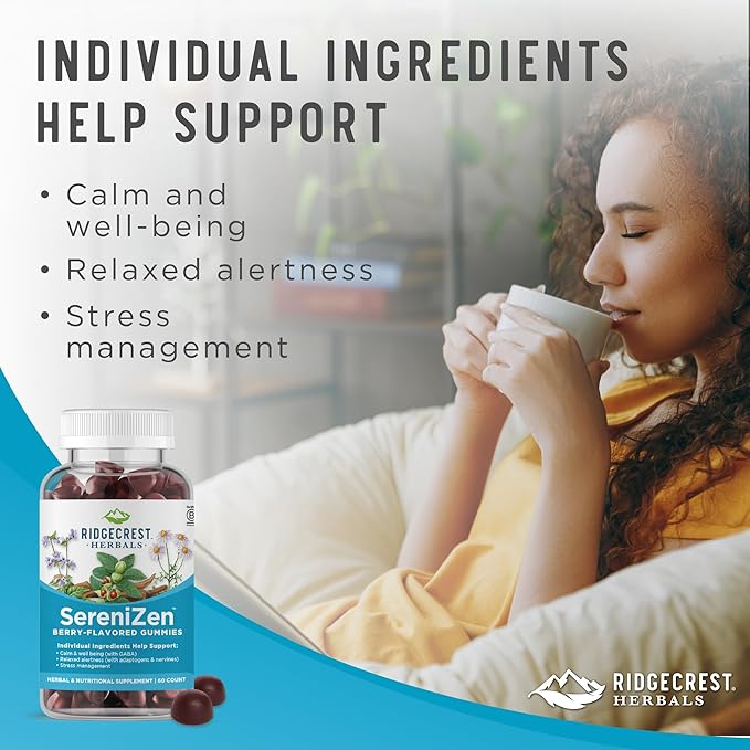RidgeCrest Herbals SereniZen Gummies with Ashwagandha, GABA, L-Theanine, Chamomile & Lemon Balm, Supports Relaxation & Calm, Stress Management, Sleep. Daily Health Supplement, 60 Ct, 1-2 Month Supply