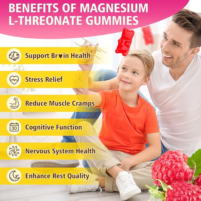 2 Pack Magnesium L-Threonate Gummies 1000MG, Magnesium Threonate Supplement for Kids & Adults, Muscle & Nervous System Support, Sugar-Free, Raspberry Flavor, 120 Count