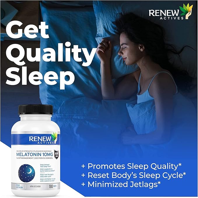 Renew Actives Melatonin 10mg per Serving – Promotes a Deeper, Longer & Ideal for Sleep Management, Jet Lag & to Reset Your Sleep Cycle - Made in Canada - 180 Tablets